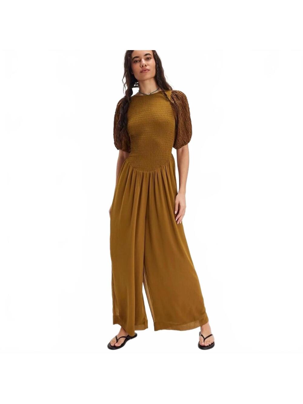 $228 Free People Temperley Puff Sleeve Jumpsuit color Calvary Green.Sz XS #1280